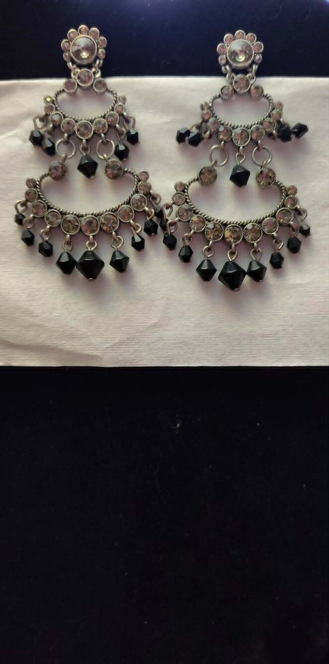 Vintage signed Avon smoky gray chandelier pierced earrings, black dangles